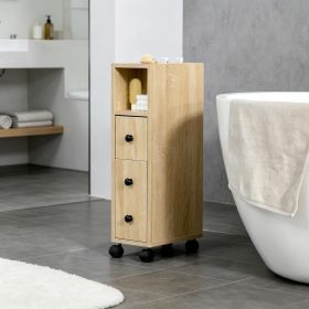 Oak Grain Freestanding Compact Bathroom Cabinet - 2 Open Shelves 1 Door Cabinet 1 Drawer on 4 Rolling Wheels for Storage