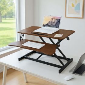 32 Inch Desk Converter, Height Adjustable Sit to Stand Riser, Dual Monitor and Laptop Workstation with Wide Keyboard Tray, Walnut Color Black Fra