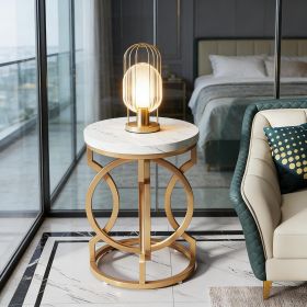 Round End Table, Modern Bedside Table with Faux Marble Topw
