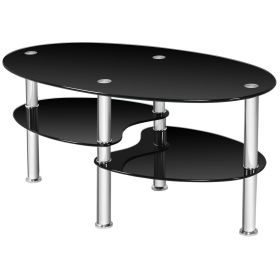Tempered Glass Oval Side Coffee Table (Color: Black)