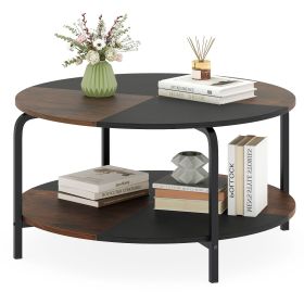 2-Tier Round Coffee Table Metal Frame with Storage Shelf (Color: White & Natural)