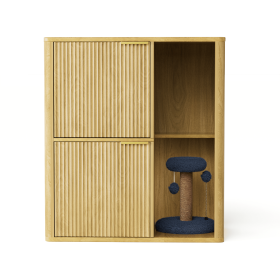 31.5-inch  Cat Litter Cabinet with Cat Tree - Grooved Concealed Litter Furniture Featuring Dual Cat Doors and Storage Shelves (Color: Natural)